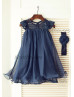 Illusion Neck Navy Blue Chiffon Lace Short Adorable Flower Girl Dress